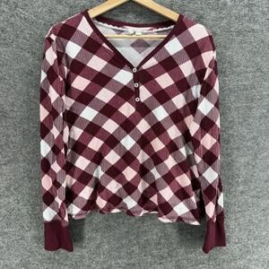 Live Well Sleepshirt Women L Large Purple Plaid 1/2 Button V-Neck Long Sleeve